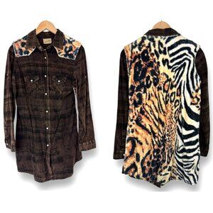 Size M NEW The Nu Vintage Plaid Animal Print Faux-Fur Pearl Snap Top‎ Shirt